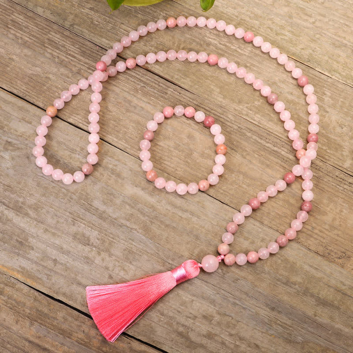 108 Mala Beads Pink Crystal Love Tassel Bracelet - image 1
