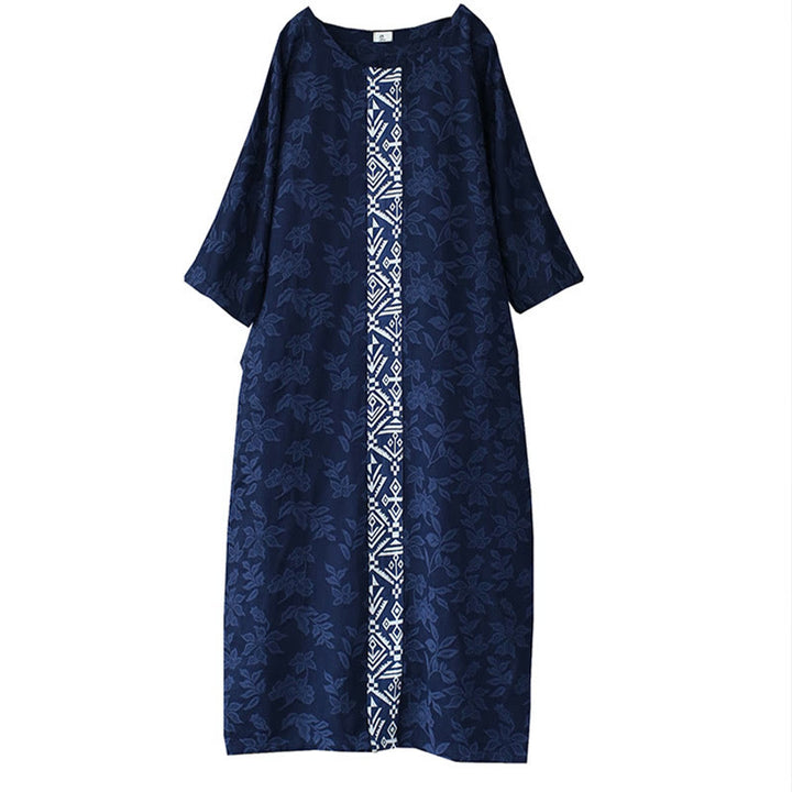 Buddha Stones Blue Flowers Embroidery Jacquard Midi Dress Three Quarter Sleeve Cotton Dress With Pockets