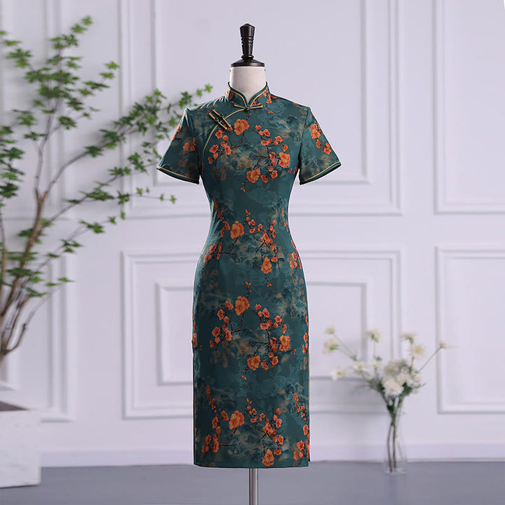 Buddha Stones Retro Flower Lotus Peony Feather Print Qipao Dress Women's Cheongsam Dress - Green Flower - US16，UK/AU20，EU48 (5XL) - image 1