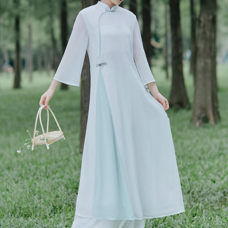 Buddha Stones Three Quarter Sleeve Chiffon Cheongsam Midi Dress Wide Leg Pants Meditation Zen Practice Clothing