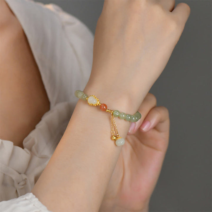 925 Sterling Silver Hetian Jade Gourd Lotus Abundance Luck Bracelet - image 5