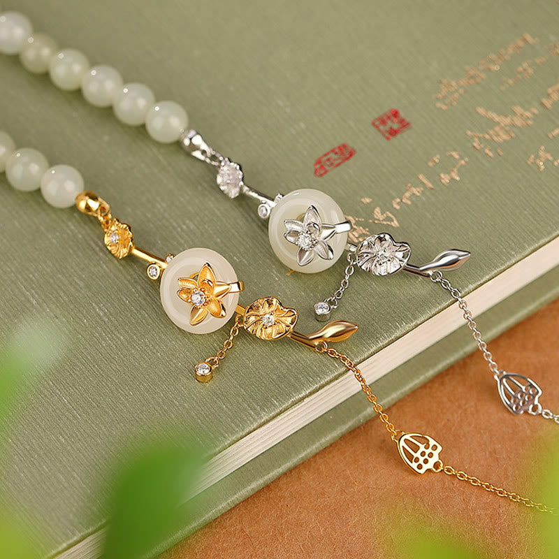 Buddha Stones 925 Sterling Silver Hetian Jade Peace Buckle Lotus Luck Chain Bracelet - image 1