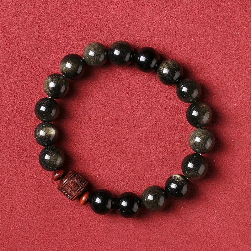 Buddha Stones Natural Gold Sheen Obsidian Rainbow Obsidian Om Mani Padme Hum Fu Character Healing Bracelet