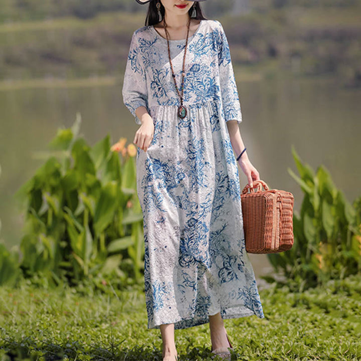 Buddha Stones Flowers Print Midi Dress Cotton Linen Tunic Dress With Pockets