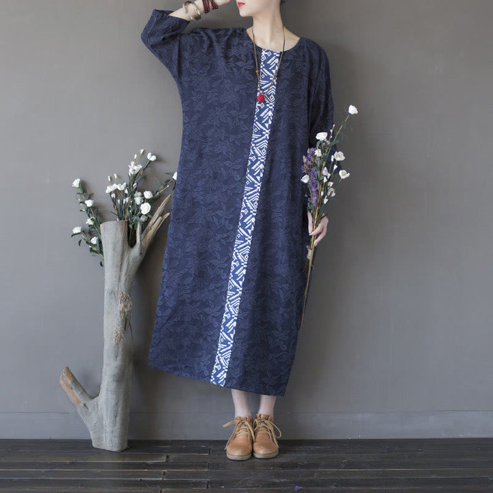 Buddha Stones Blue Flowers Embroidery Jacquard Midi Dress Three Quarter Sleeve Cotton Dress With Pockets