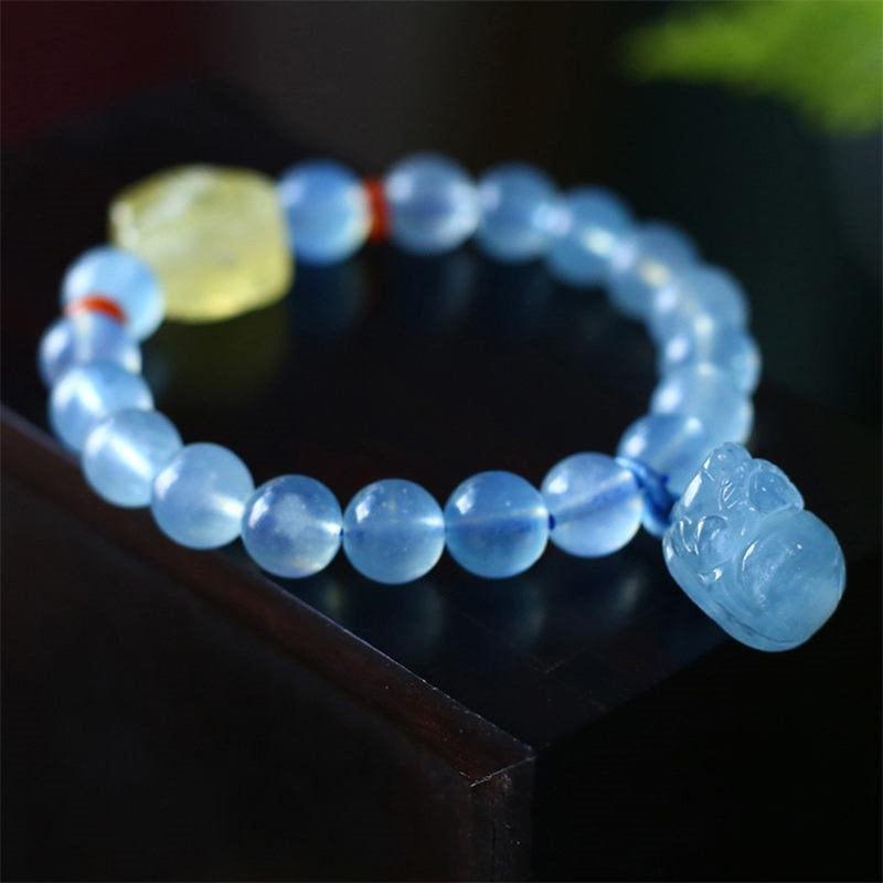 Natural Aquamarine Amber Pixiu Peace Healing Charm Bracelet - image 5