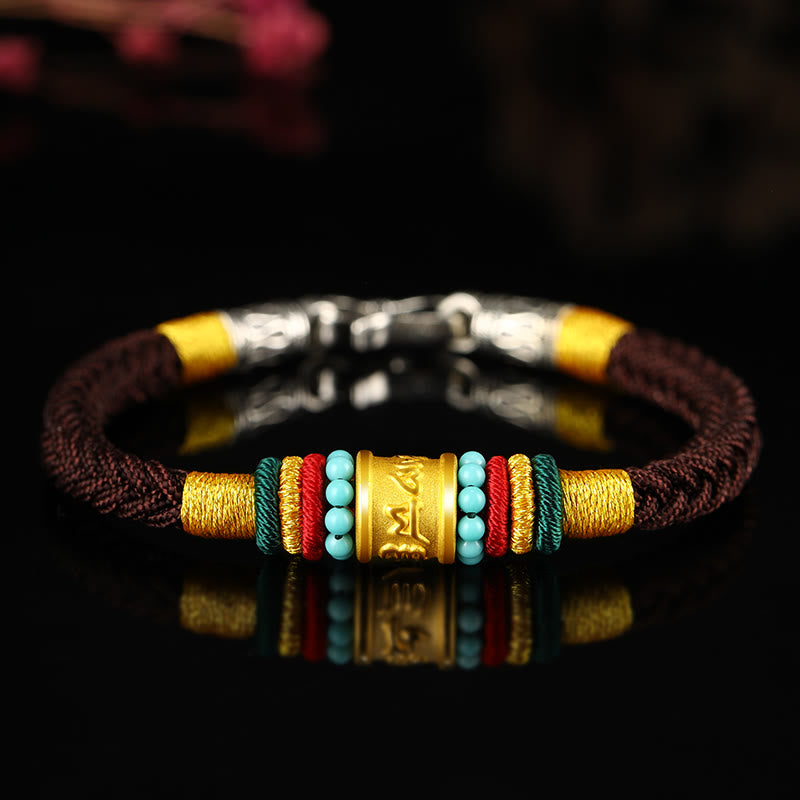 Buddha Stones Tibet 999 Gold Om Mani Padme Hum Handmade Eight Thread Peace Knot Luck Bracelet - Turquoise Silver Buckle Brown Rope - 19cm - image 16
