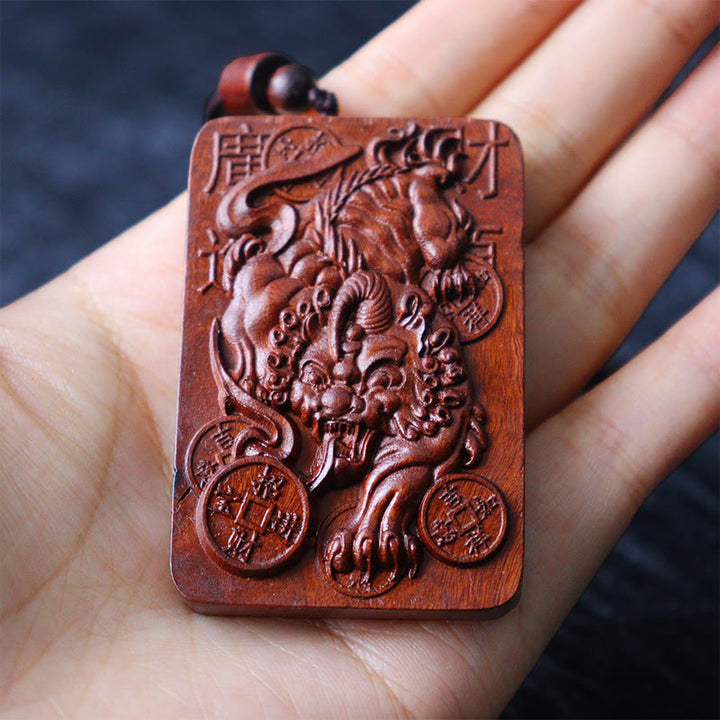 Buddha Stones Natural Lightning Struck Jujube Wood PiXiu Copper Coin Good Fortune Necklace Pendant