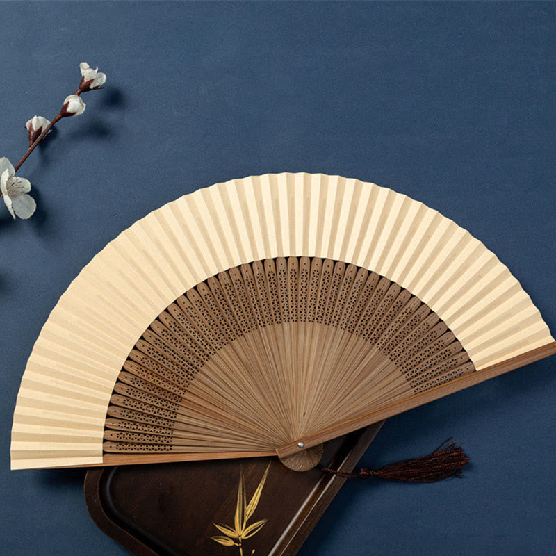 Buddha Stones Lotus Dragonfly Wild Geese Plum Blossom Handheld Silk Bamboo Folding Fan 22.5cm