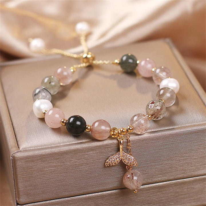 Buddha Stones Strawberry Quartz Rutilated Quartz Fishtail Charm Healing Bracelet