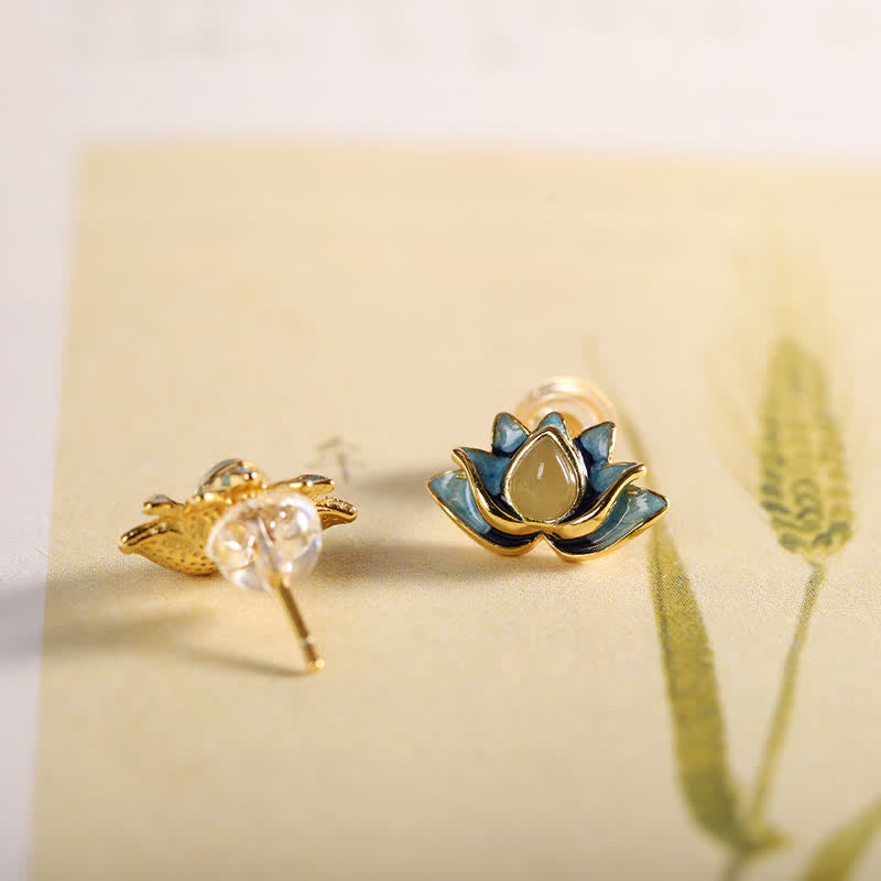 925 Sterling Silver Hetian Cyan Jade Lotus Flower Success Earrings - image 3