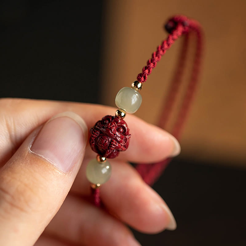 Buddha Stones Natural Cinnabar Chinese Zodiac Hetian Jade Fu Character Luck Rope Bracelet