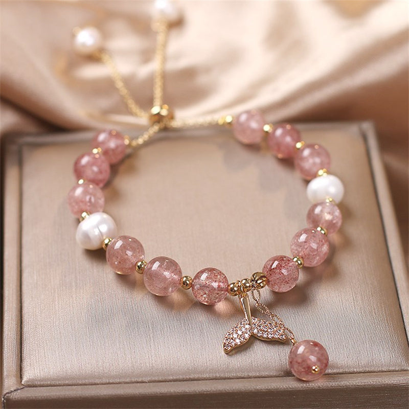 Buddha Stones Strawberry Quartz Rutilated Quartz Fishtail Charm Healing Bracelet