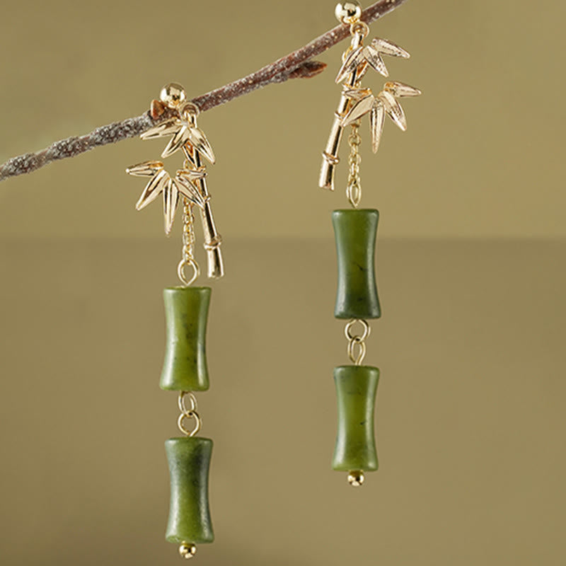 Buddha Stones 925 Sterling Silver Posts Copper Plated Gold Natural Peridot Bamboo Leaf Drop Earrings