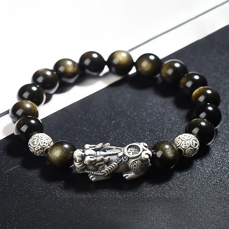 Buddha Stones 925 Sterling Silver Natural Gold Sheen Obsidian PiXiu Wealth Protection Bracelet - image 1