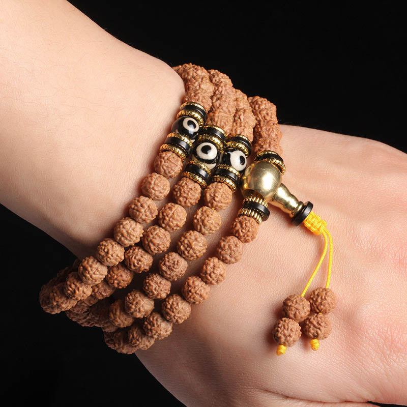 Buddha Stones 108 Mala Beads Rudraksha Bodhi Seed Dzi Bead Luck Wealth Bracelet