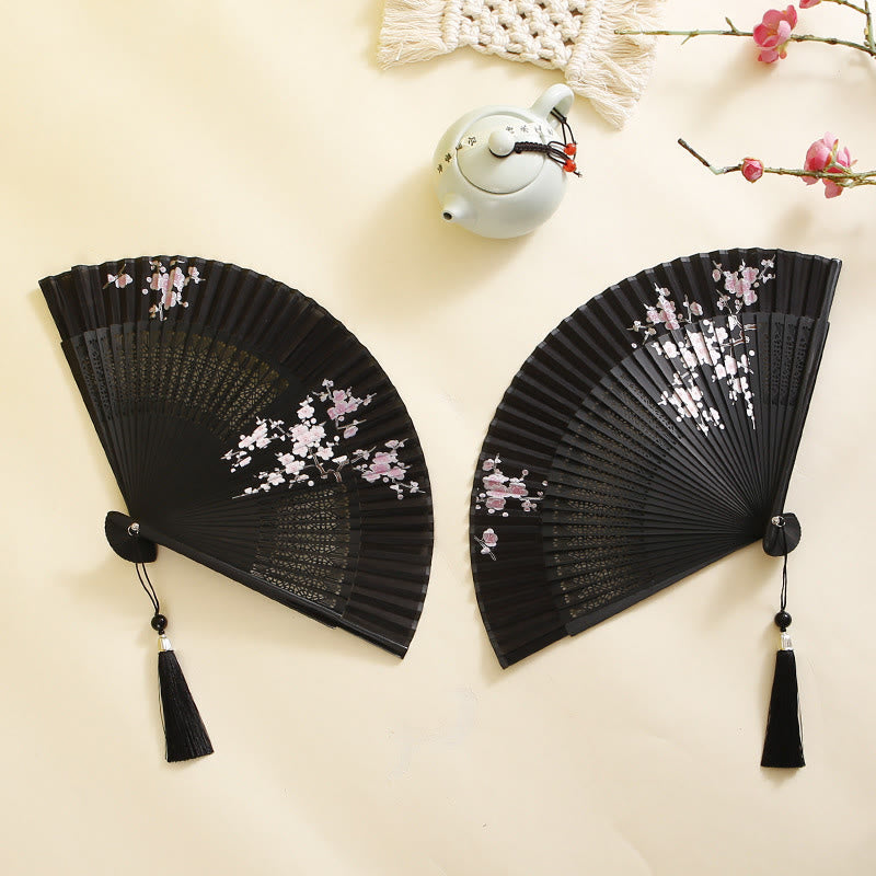 Buddha Stones Hibiscus Flower Plum Blossom Handheld Bamboo Folding Fan