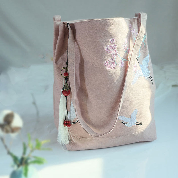 Buddha Stones Flower Crane Plum Blossom Embroidery Canvas Large Capacity Shoulder Bag Tote Bag