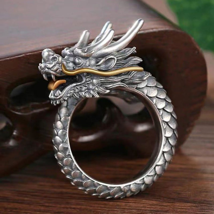Buddha Stones 925 Sterling Silver Vintage Dragon Design Protection Strength Adjustable Ring - image 1