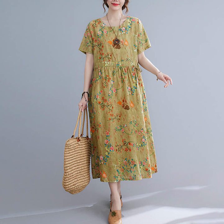 Buddha Stones Flowers Print Midi Dress Cotton Linen Tunic Dress With Pockets