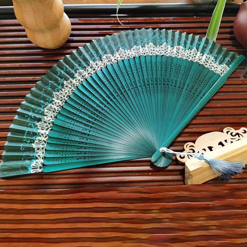 Buddha Stones Simple Hollow Engraved Handheld Bamboo Folding Fan