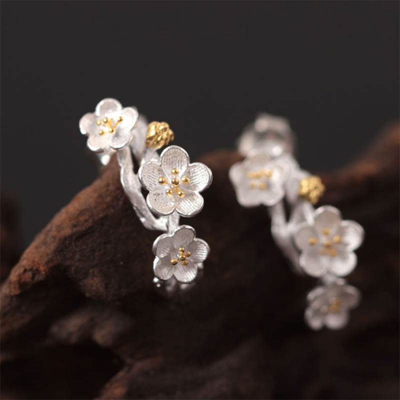 Buddha Stones 925 Sterling Silver Plum Blossom Floral Blessing Earrings - image 1