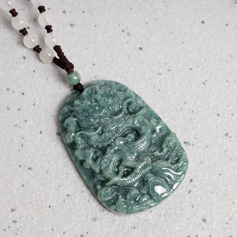 Buddha Stones Chinese Zodiac Dragon Jade Prosperity Necklace Bead String Pendant