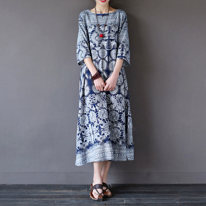 Buddha Stones Blue White Flower Printed Button Midi Dress Three Quarter Sleeve Cotton Linen Dress With Pockets