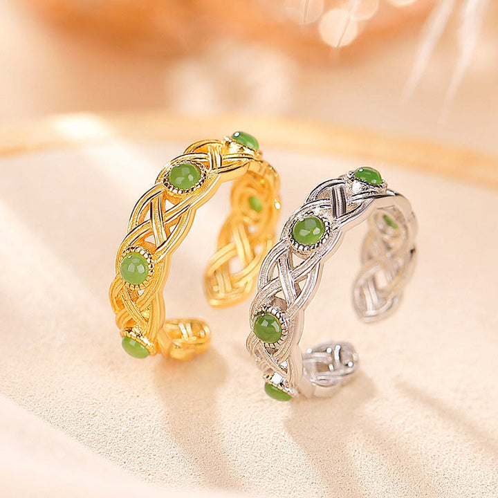 Buddha Stones 925 Sterling Silver Plated Gold Cyan Jade Braided Design Success Luck Adjustable Ring - image 0