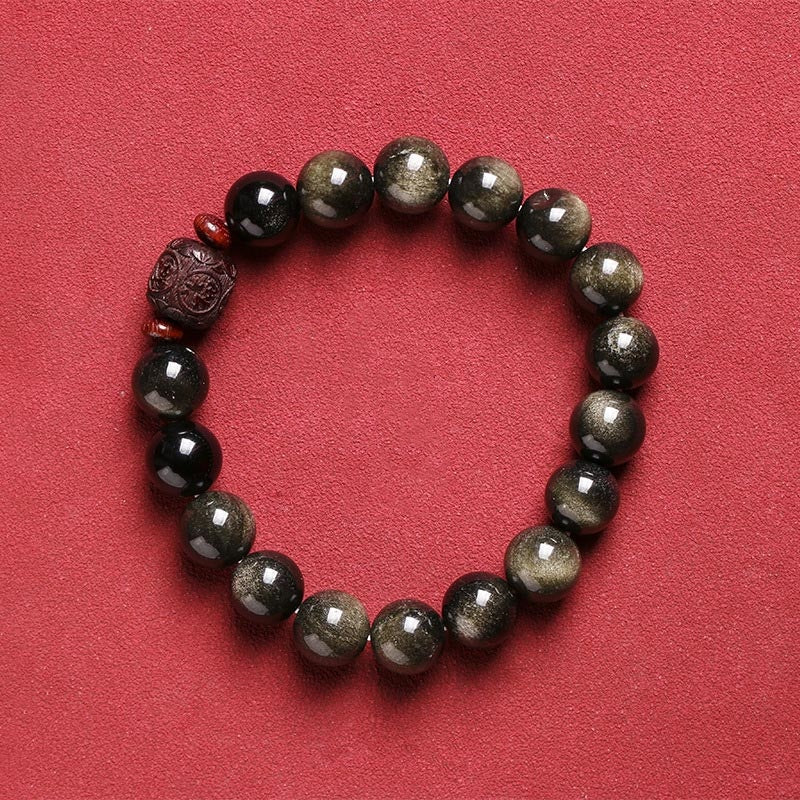 Buddha Stones Natural Gold Sheen Obsidian Rainbow Obsidian Om Mani Padme Hum Fu Character Healing Bracelet