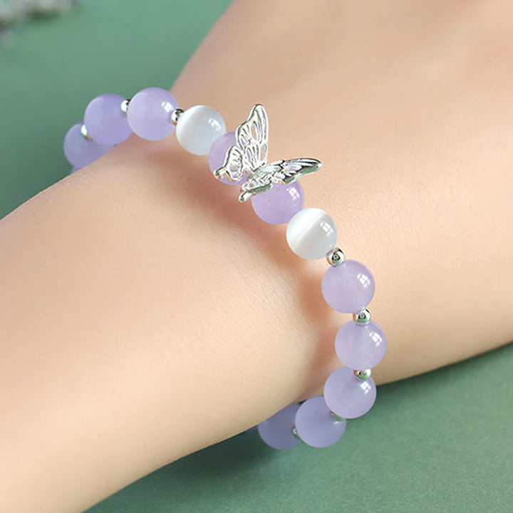 Buddha Stones Blue Chalcedony Pink Crystal Purple Chalcedony Butterfly Energy Bracelet