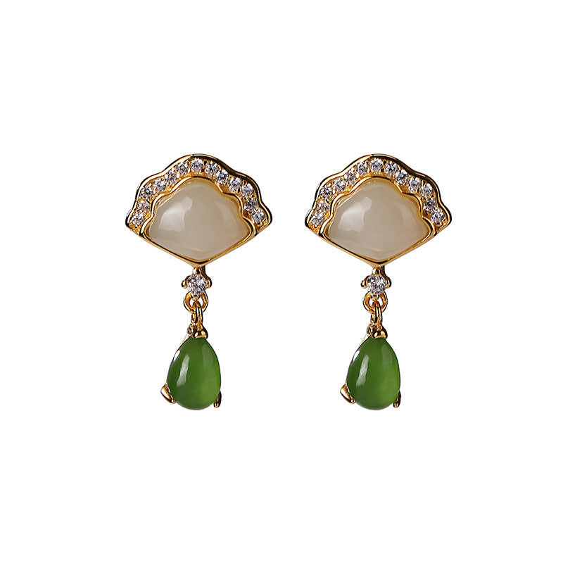 Buddha Stones White Jade Cyan Jade Fan Water Drop Pattern Luck Drop Earrings - image 7