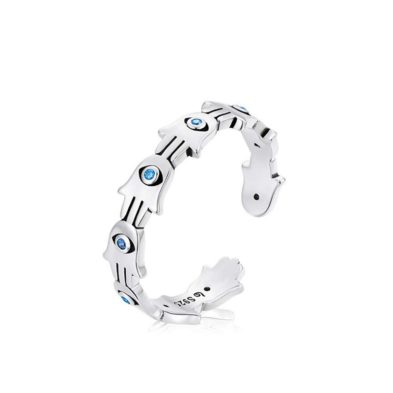 Buddha Stones 925 Sterling Silver Hamsa Symbol Zircon Adjustable Ring - image 7