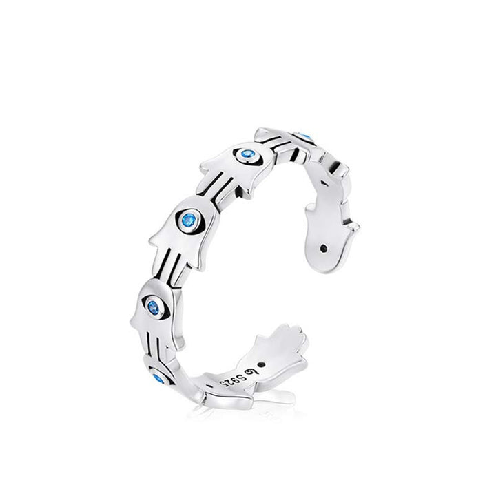 Buddha Stones 925 Sterling Silver Hamsa Symbol Zircon Adjustable Ring - image 7