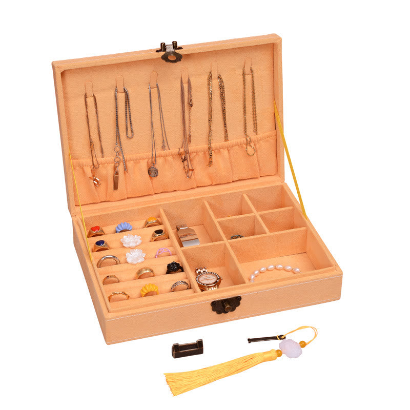 Buddha Stones Simple Design Jewelry Box Organizer Single Layer Flannel Jewelry Storage Box With Lock - Yellow28cm*19cm*6.5cm - image 14