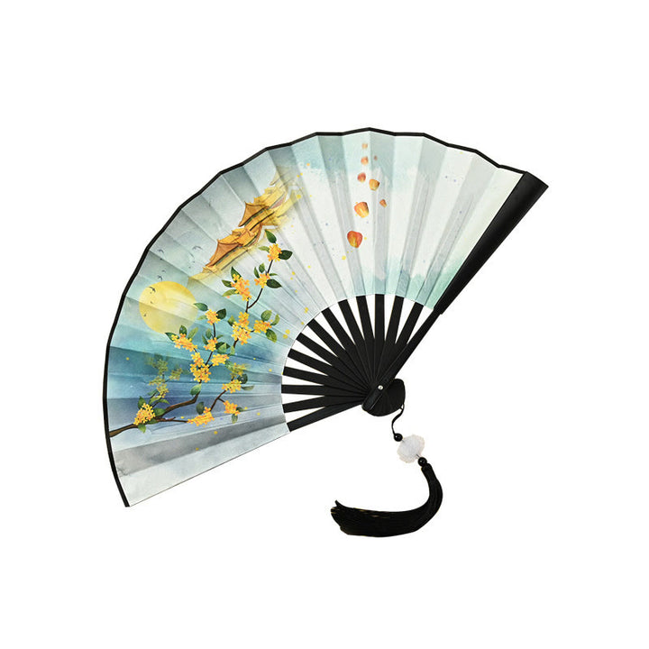 Buddha Stones Vintage Phoenix Nine Tailed Fox Flower Bamboo Tiger Handheld Folding Fan Lotus Tassel Fan
