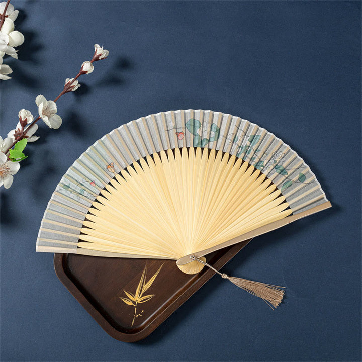 Buddha Stones Lotus Begonia Flower Jasmine Handheld Silk Bamboo Folding Fan 21cm