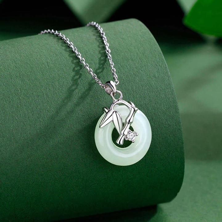 Buddha Stones 925 Sterling Silver Hetian Jade Bamboo Leaf Peace Buckle Prosperity Necklace Pendant