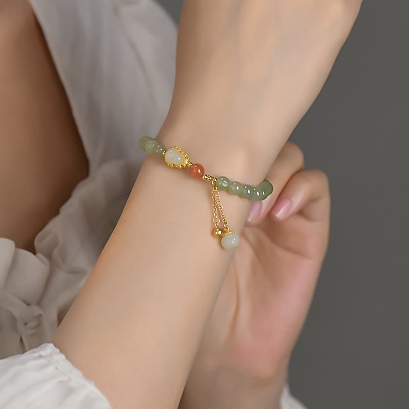 925 Sterling Silver Hetian Jade Gourd Lotus Abundance Luck Bracelet - image 3