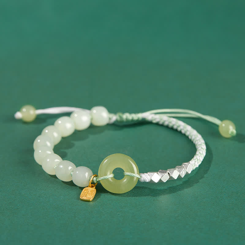 925 Sterling Silver Hetian Jade Peace Buckle Beaded Luck Happiness Charm Bracelet - Green - image 15