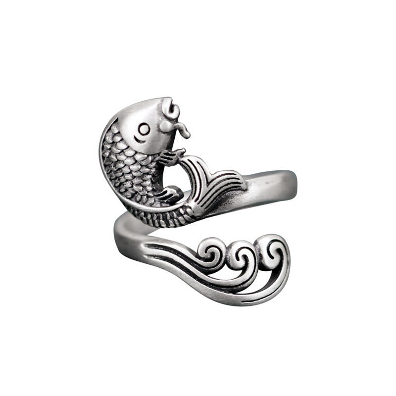 Buddha Stones 925 Sterling Silver Koi Fish Water Ripple Luck Wealth Ring - image 13