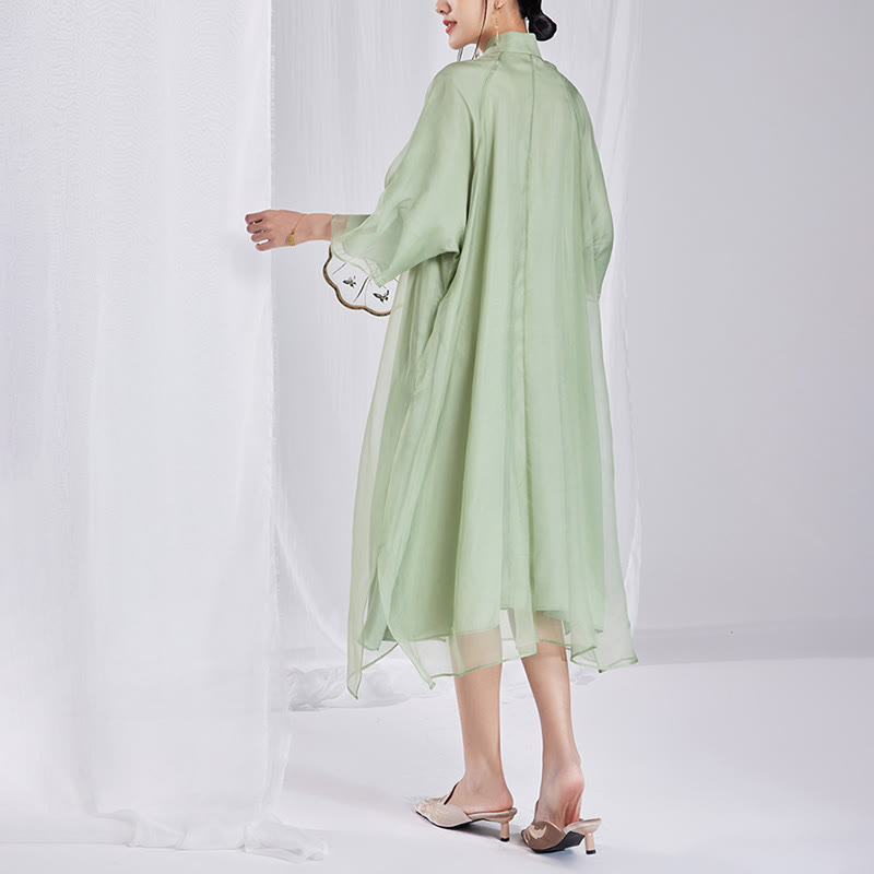 Buddha Stones 100% Mulberry Silk 6 Momme Dress Vintage Flower Butterfly Embroidery Qipao Dress Women's Cheongsam Dress - image 12