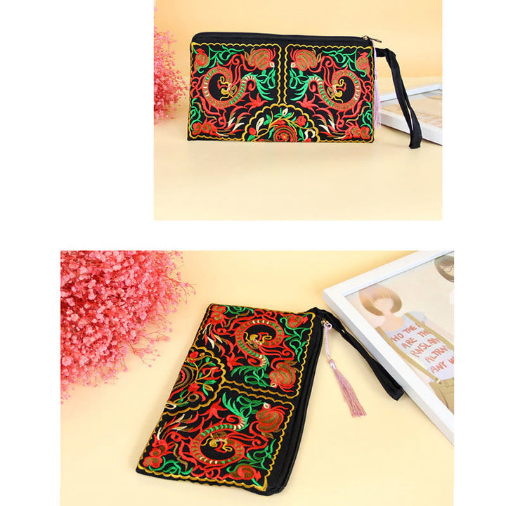 Buddha Stones Dragon Butterfly Cosmos Flower Embroidery Wallet Shopping Purse