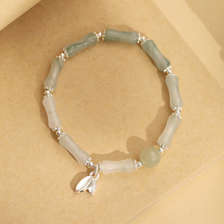 Buddha Stones 925 Sterling Silver Natural Tianshan Jade Bamboo Charm Luck Bracelet