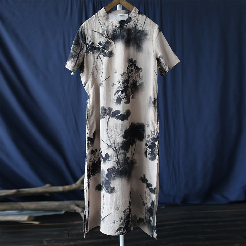 Buddha Stones Ramie Linen Ink Lotus Leaf Cheongsam Dresses Short Sleeve Dress