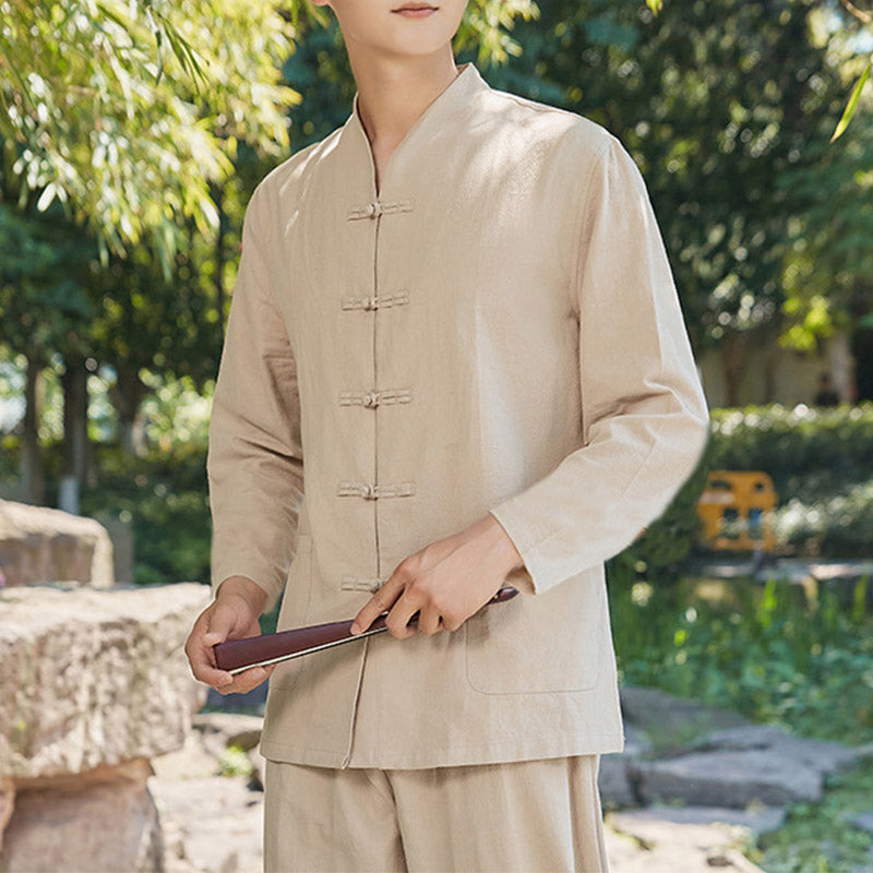 Spiritual Zen Practice Yoga Meditation Prayer Clothing Cotton Linen Men's Set - Khaki - US/UK/AU48，EU58 (6XL) - image 5