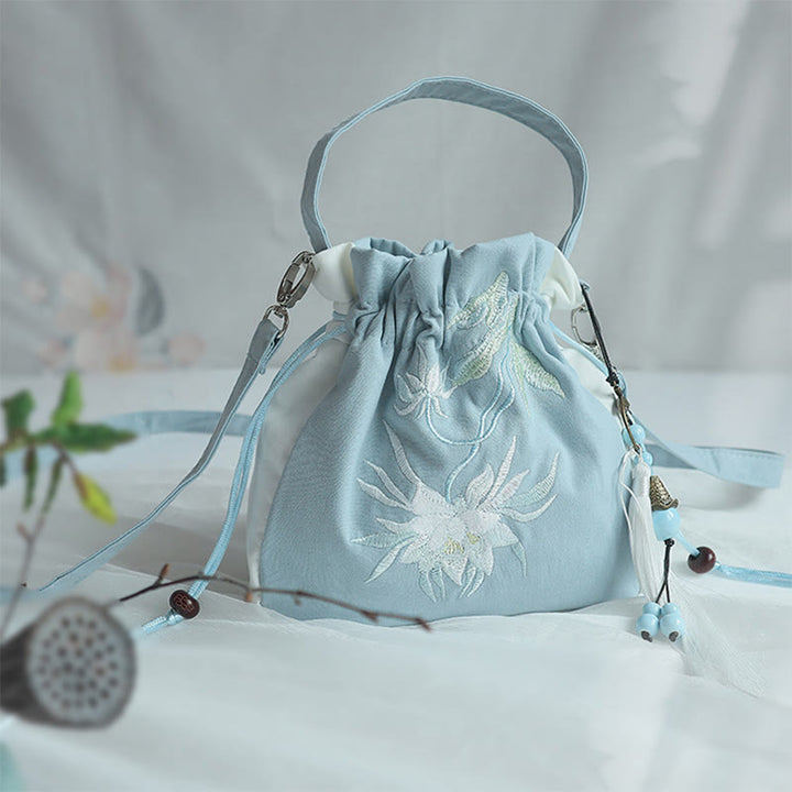 Buddha Stones Handmade Embroidered Flowers Canvas Tote Shoulder Bag Handbag - Blue White Lotus 20*20cm - image 44