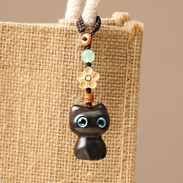 Buddha Stones Mini Small Leaf Red Sandalwood Ebony Wood Lucky Cat Lovely Kitty Peace Key Chain Phone Hanging Decoration - image 5