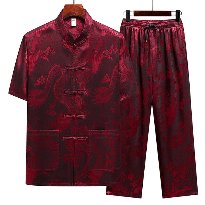 Buddha Stones Dragon Pattern Tang Suit Hanfu Traditional Uniform Short Sleeve Top Pants Clothing Men's Set