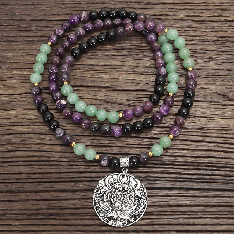 Buddha Stones 108 Mala Beads Amethyst Green Aventurine Lotus Meditation Bracelet - image 0